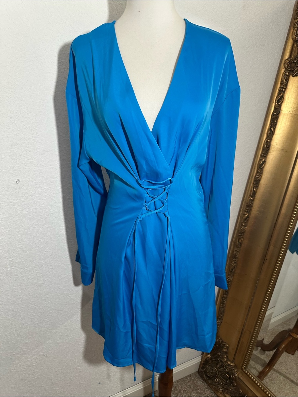 New PrettyGarden Bright Cobalt Blue Satin Long Sleeve Corset Tie Mini Dress